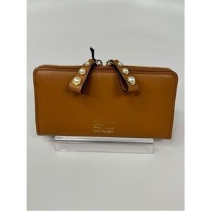 ZAC POSEN Eartha Pearl Bow Zip Around Leather Continental Wallet Brown NWT